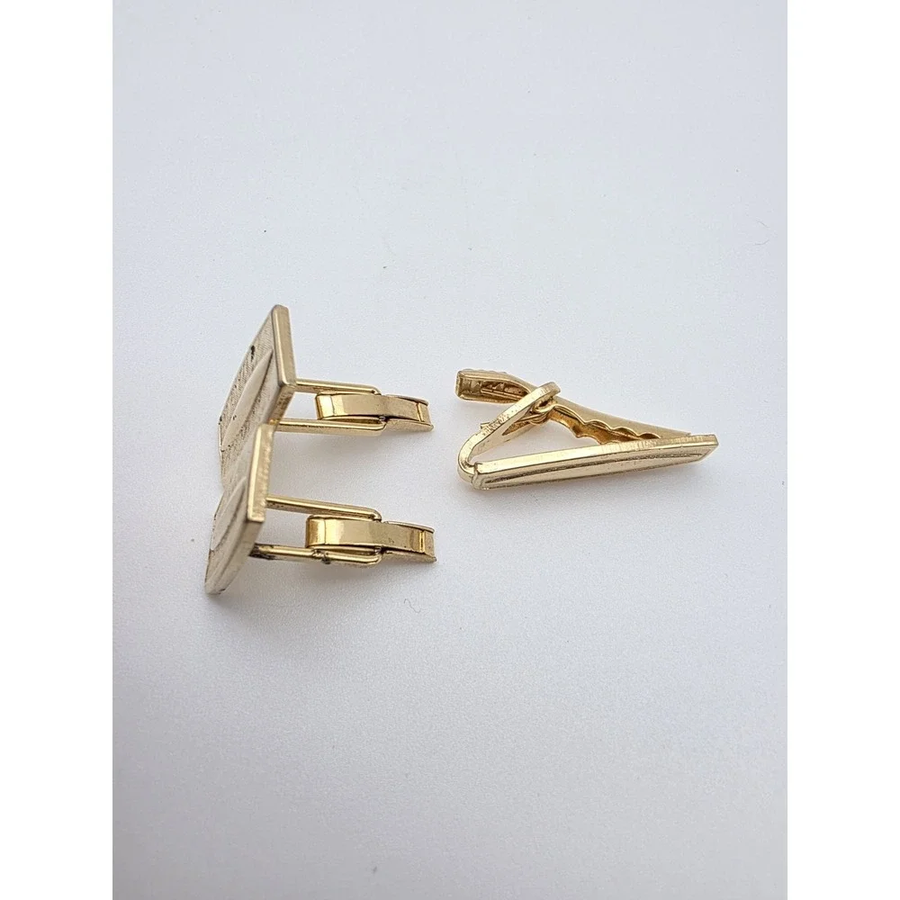 Vtg Gold Tone Cufflinks & Tie Clip Bar Clasp Set Textured Bullet Back FREE $HIP!